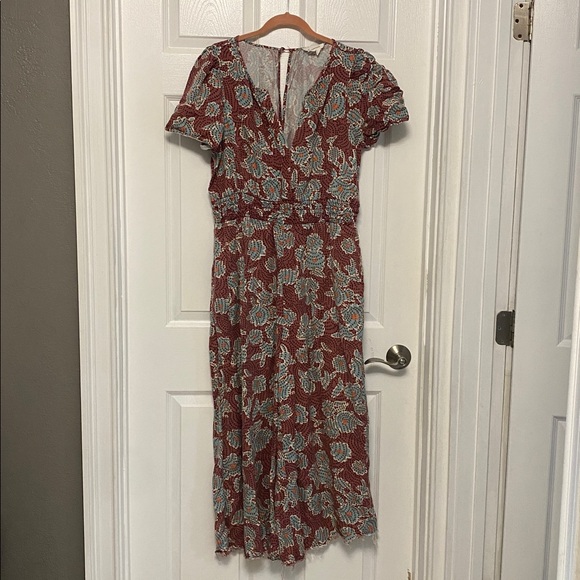 Anthropologie offset Burgundy and Teal Floral Jumpsuit - Picture 2 of 9